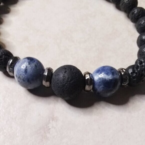 Sodalite + Lava Rock ~ Big Man's Bracelet with Massive Beads - Fits 9" Wrist - Picture 5 of 6